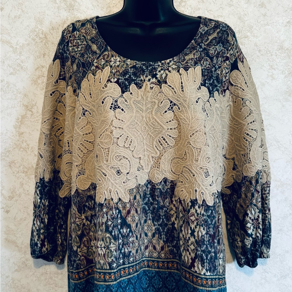 Vintage America Blues Ladies Peasant Pull Over Blouse Size Large Tan Lace Panels
